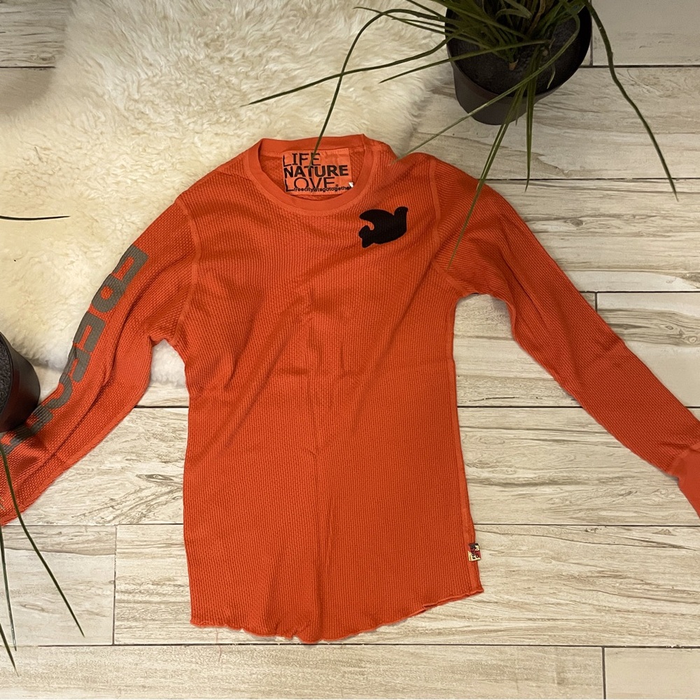 new freecity “life nature love” long sleeve orange waffle shirt - as small